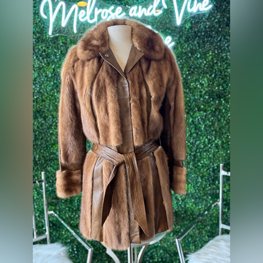 Vintage Schlampps 1970s Womens Mink Fur and Leather Coat Jacket Belted w/ Pocket